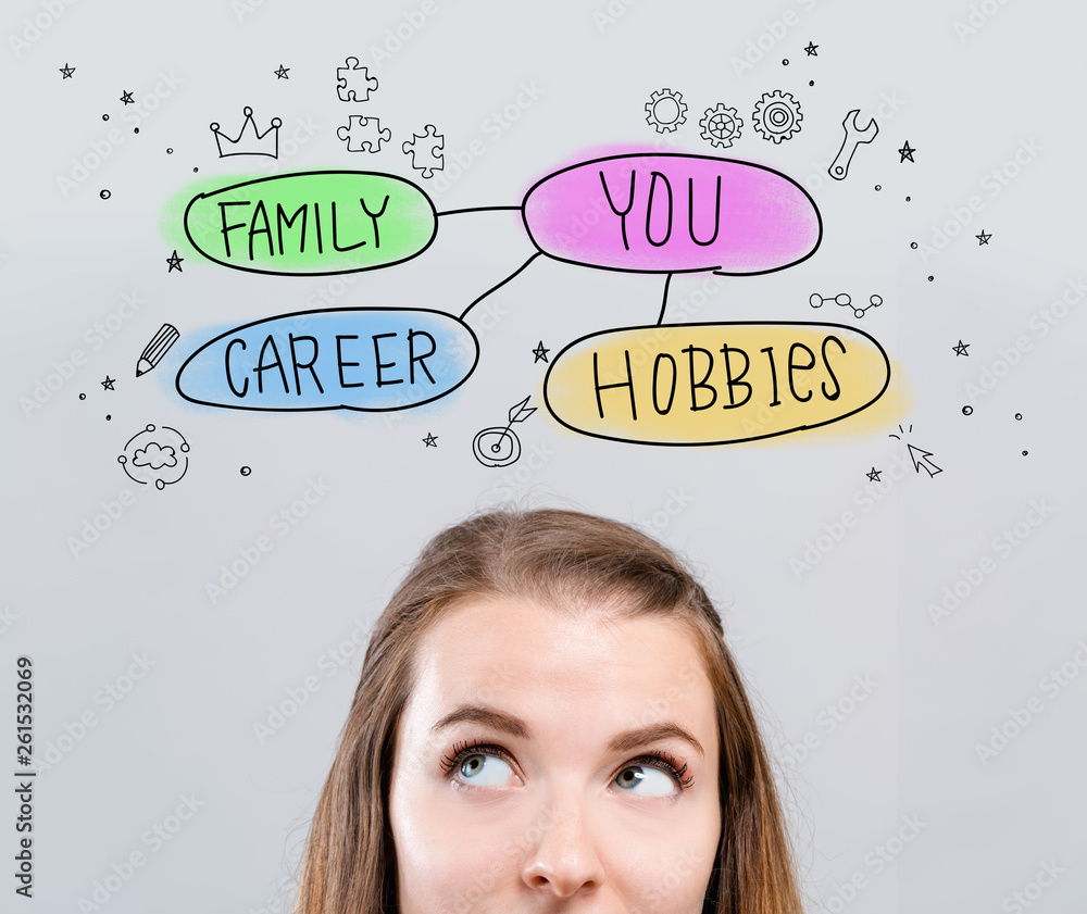 Life balance concept with young woman looking upwards