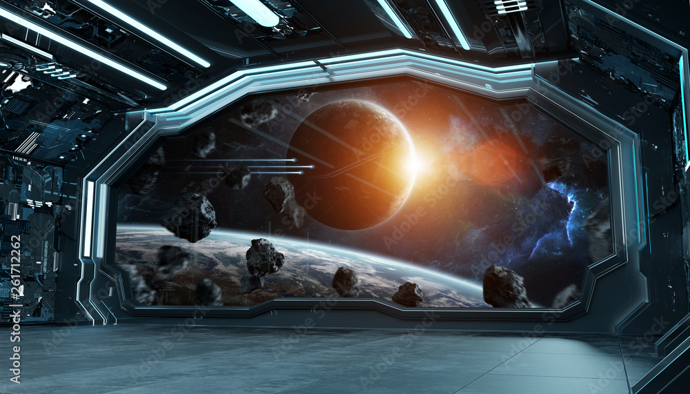 Dark blue spaceship futuristic interior with window view on space and planets 3d rendering