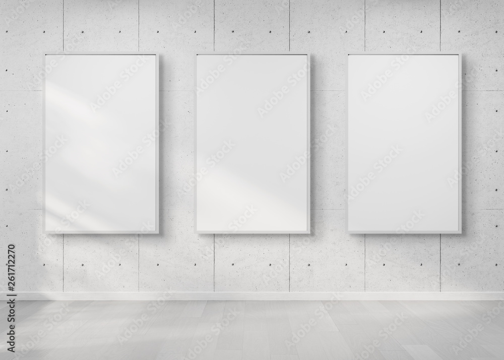 Three frames hanging on a wall mockup 3d rendering