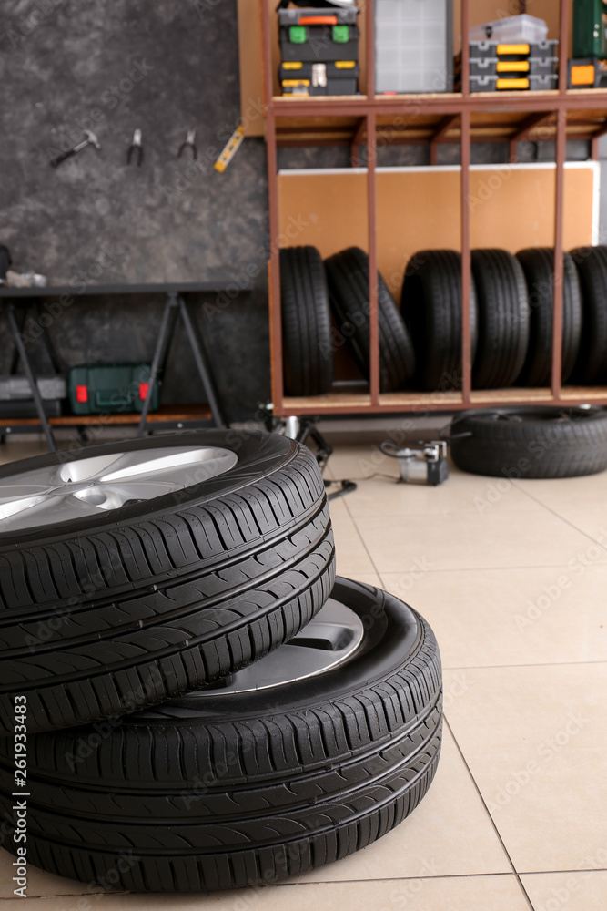 Car tires in automobile service center