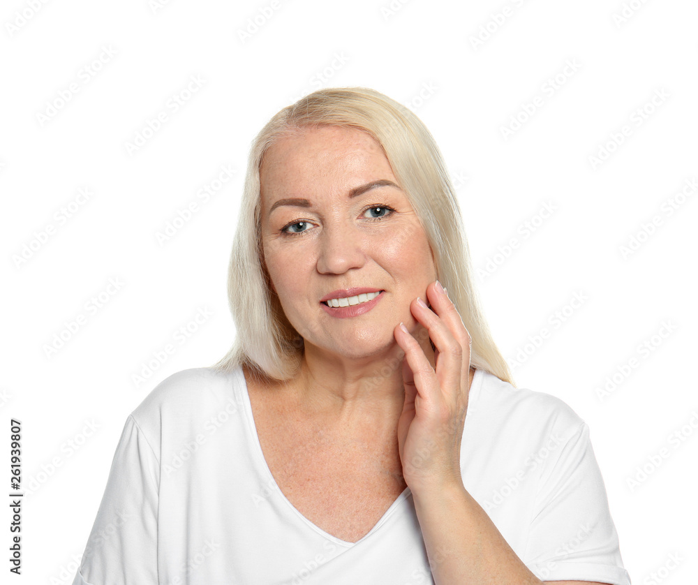 Mature woman with healthy skin on white background