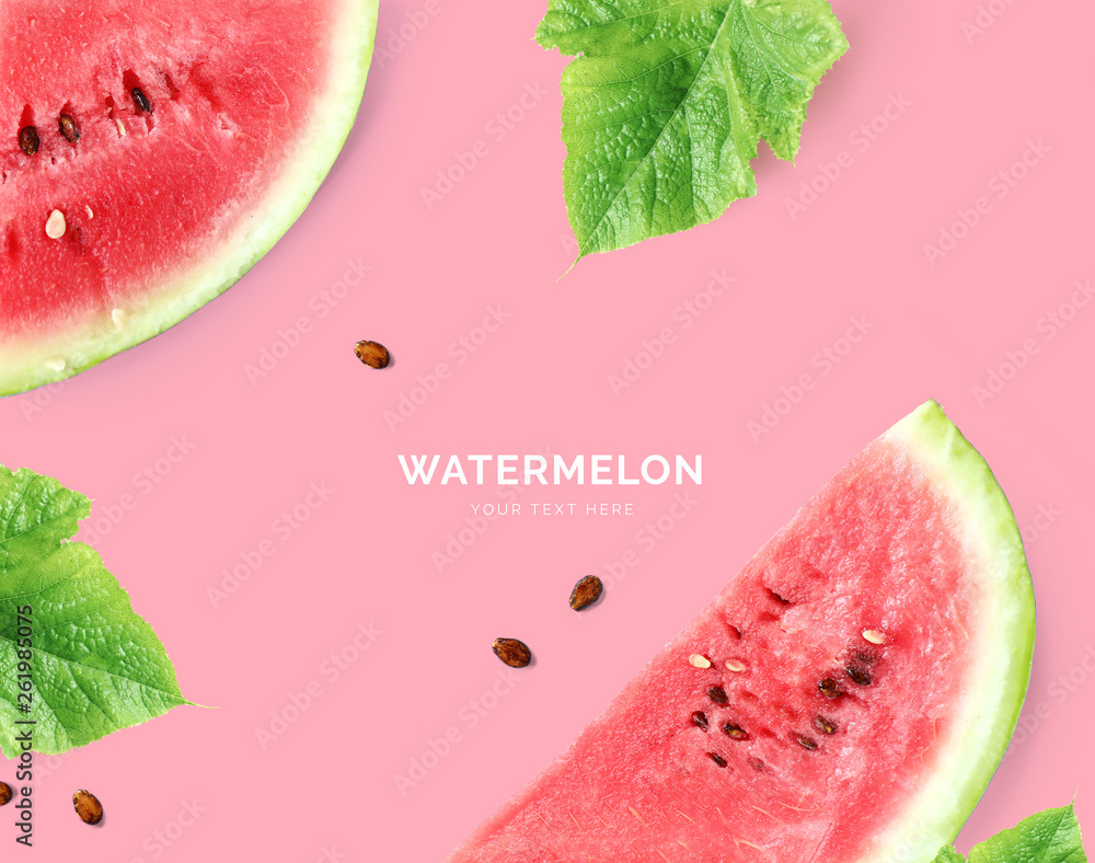 Creative layout made of watermelon. Flat lay. Food concept. Watermelon on pink background.