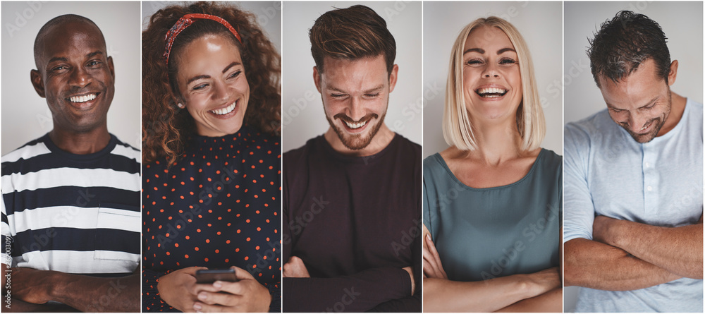 Collage of ethnically diverse young entrepreneurs laughing