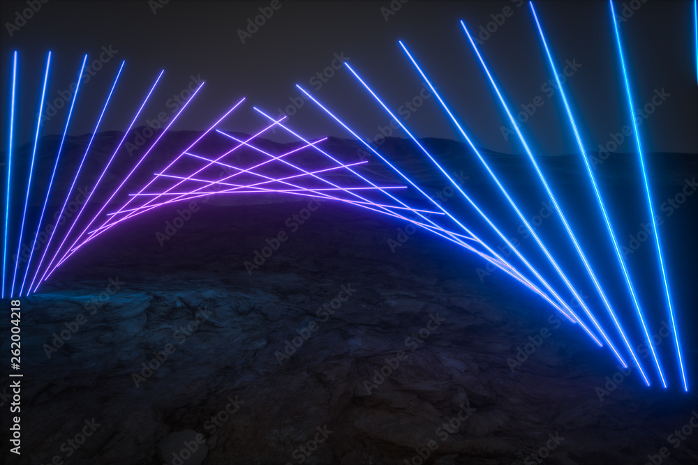 colorful glowing lines with dark mountain background, 3d rendering