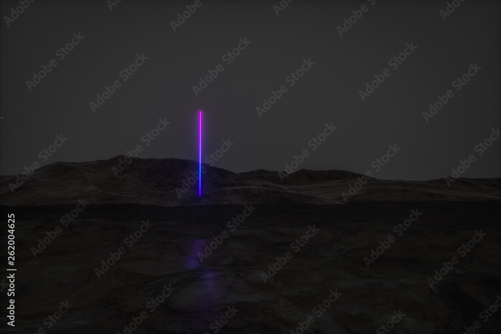 colorful glowing lines with dark mountain background, 3d rendering