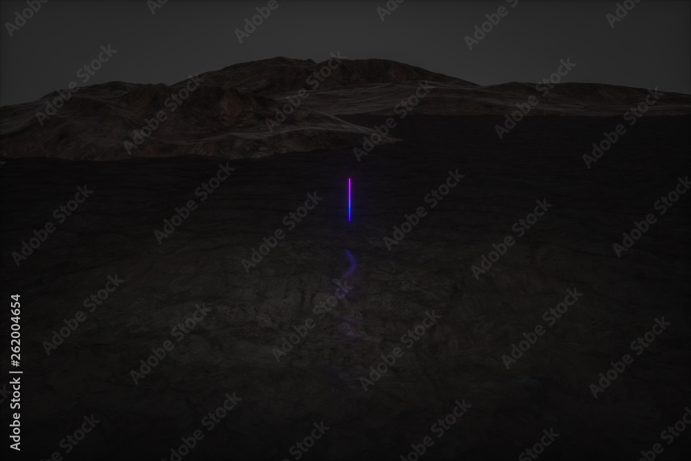 colorful glowing lines with dark mountain background, 3d rendering