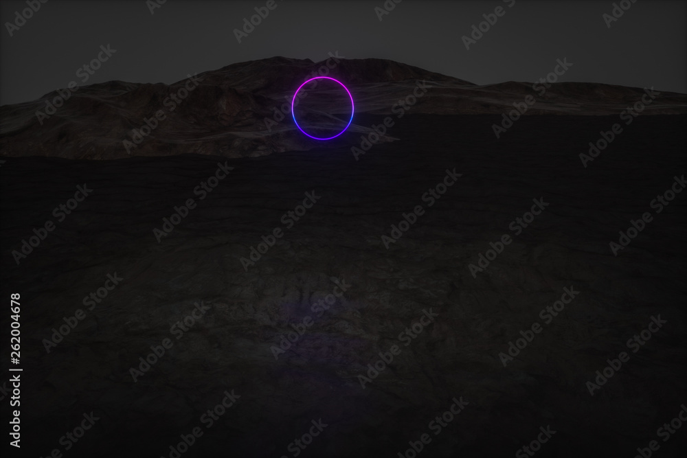 colorful glowing lines with dark mountain background, 3d rendering