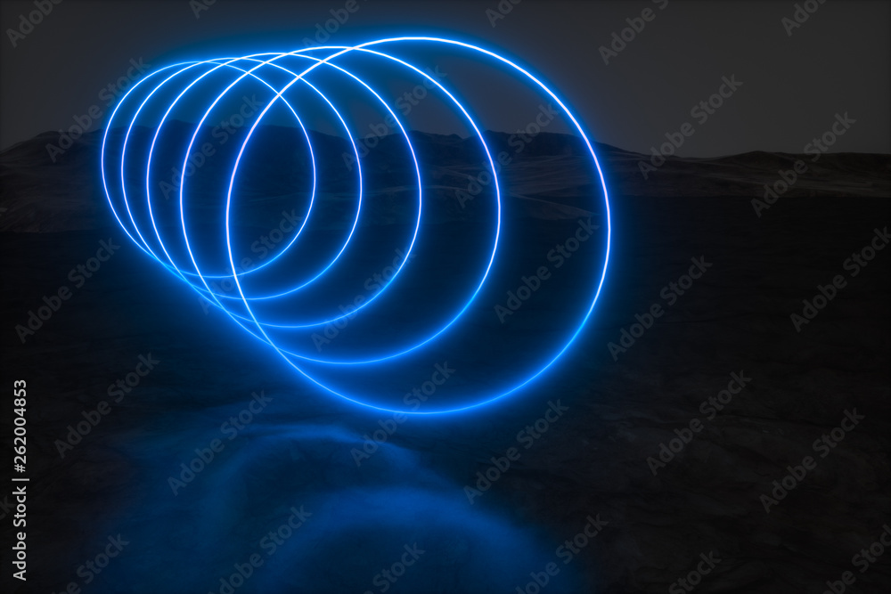 colorful glowing lines with dark mountain background, 3d rendering