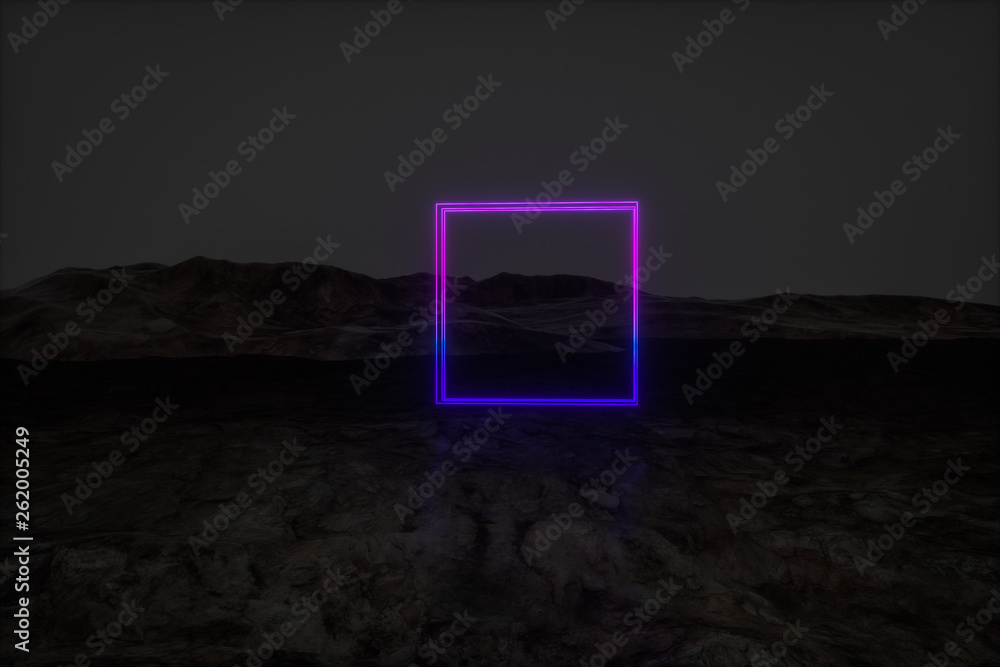 colorful glowing lines with dark mountain background, 3d rendering