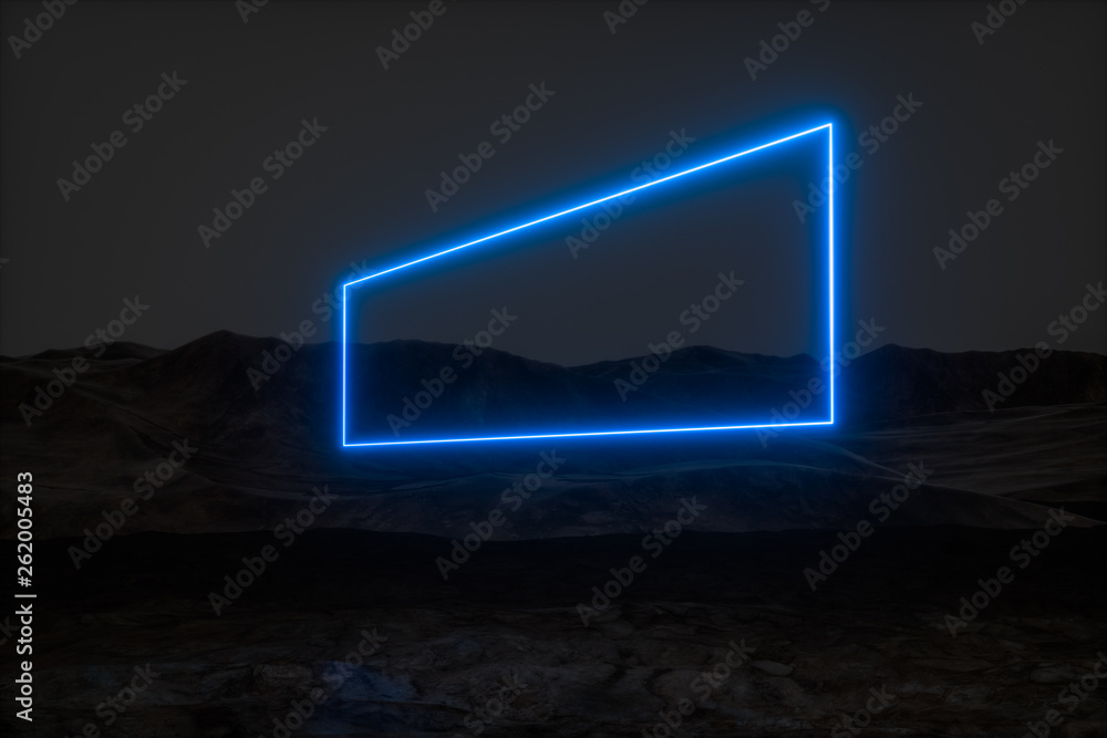 colorful glowing lines with dark mountain background, 3d rendering