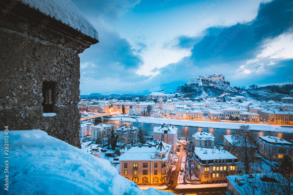 Classic view of Salzburg at Christmas time in winter, Austria