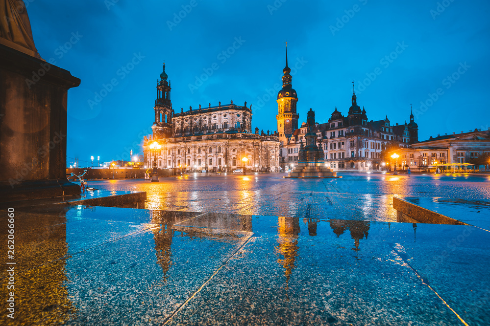 Dresden city center with dramatic sky at twilight, Saxony, Germany