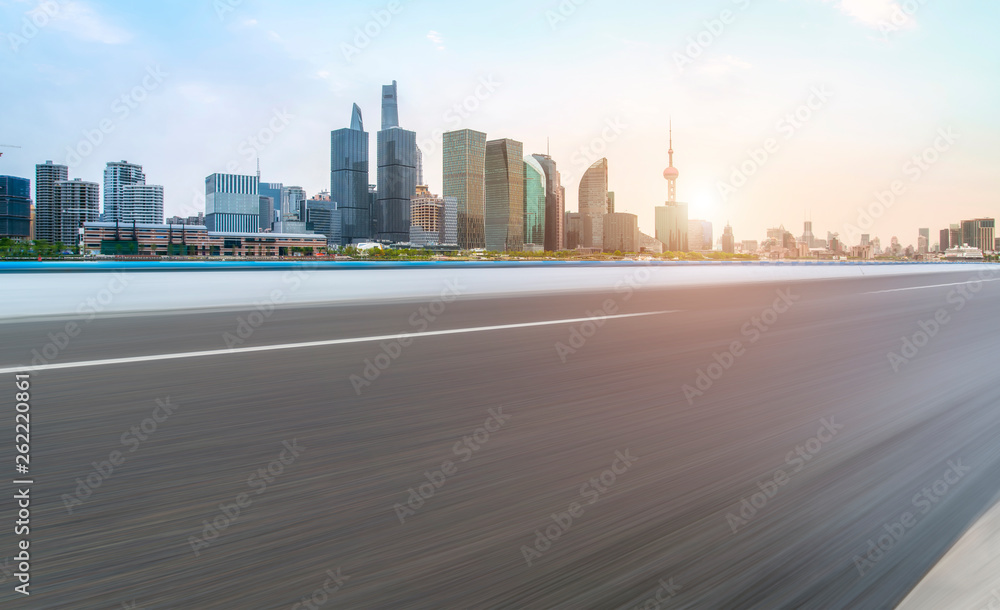 Empty Asphalt Road Through Modern City of Shanghai, China..