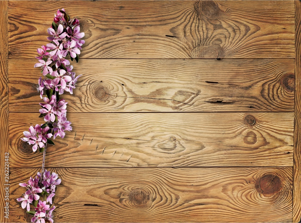 Pink flowers branch on wooden table background,top view