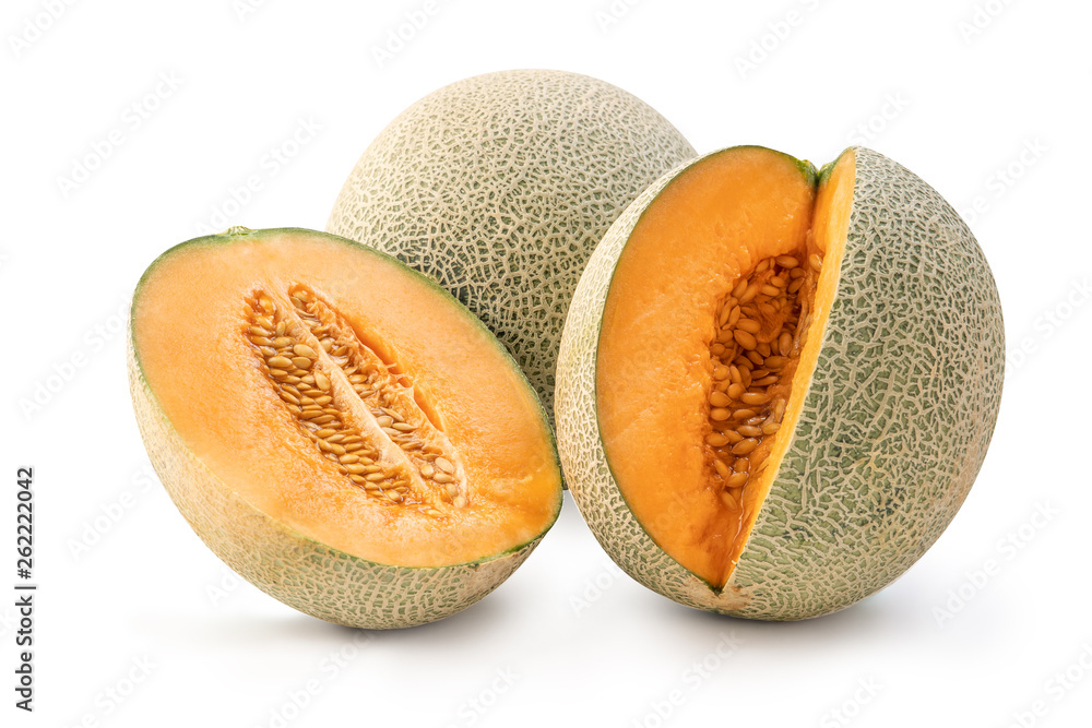 Close up, clipping path, cut out. Beautiful tasty sliced rock cantaloup melon isolated on white back