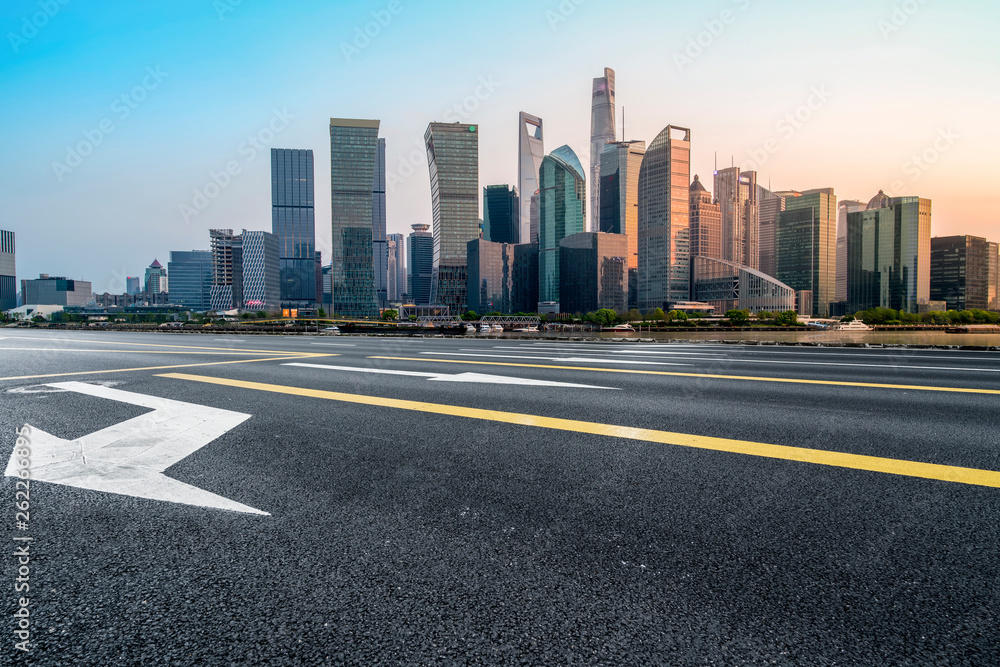 Empty Asphalt Road Through Modern City of Shanghai, China..