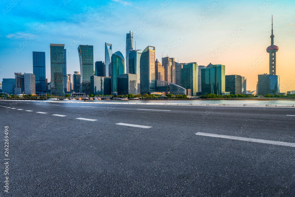 Empty Asphalt Road Through Modern City of Shanghai, China..