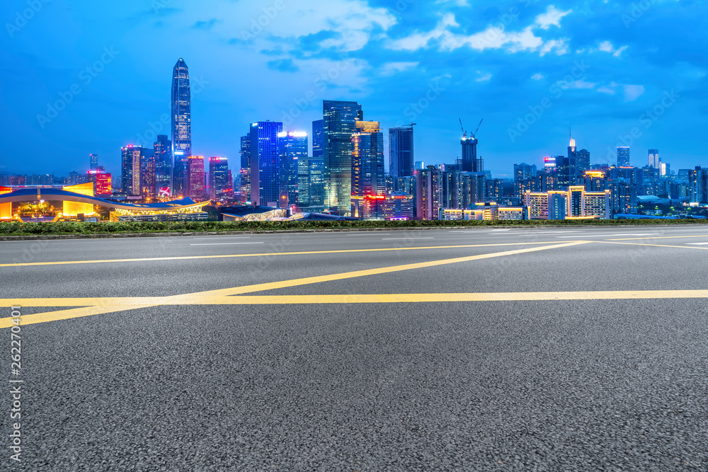 Road and skyline of urban architecture..