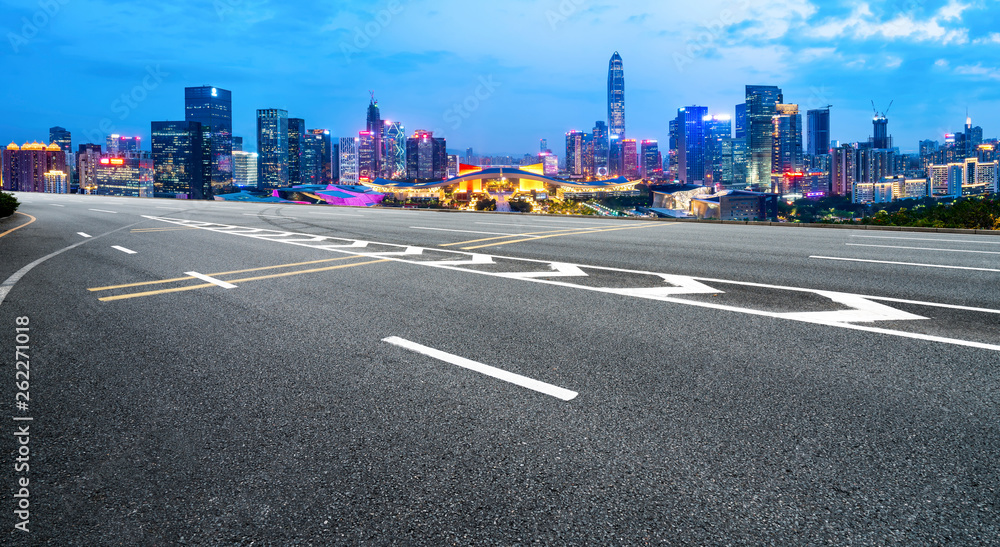 Road and skyline of urban architecture..