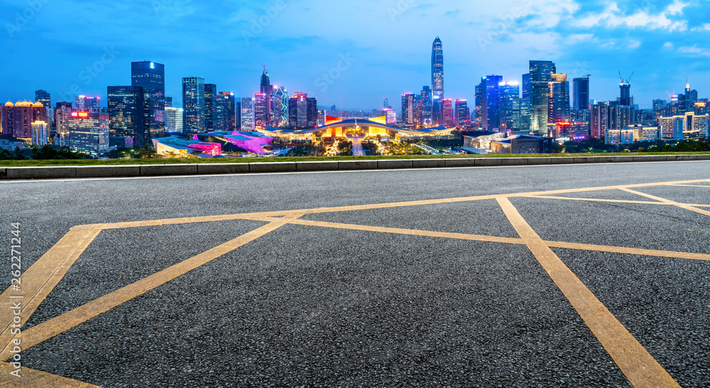 Road and skyline of urban architecture..