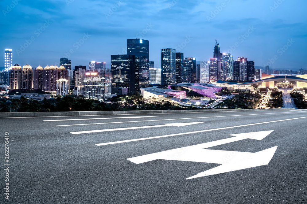 Road and skyline of urban architecture..