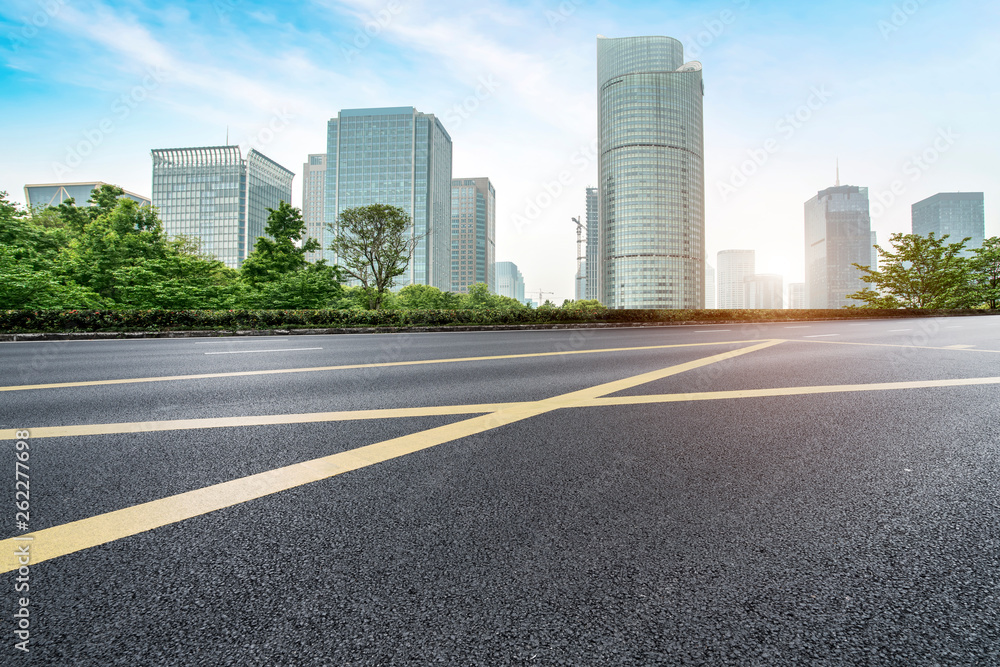 Road and skyline of urban architecture