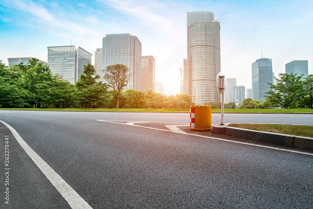 Road and skyline of urban architecture