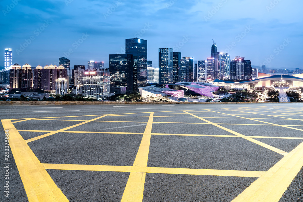 Road and skyline of urban architecture..