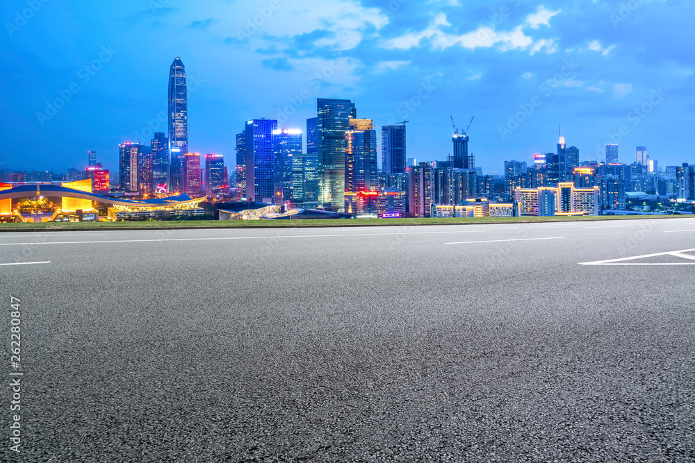 Road and skyline of urban architecture..