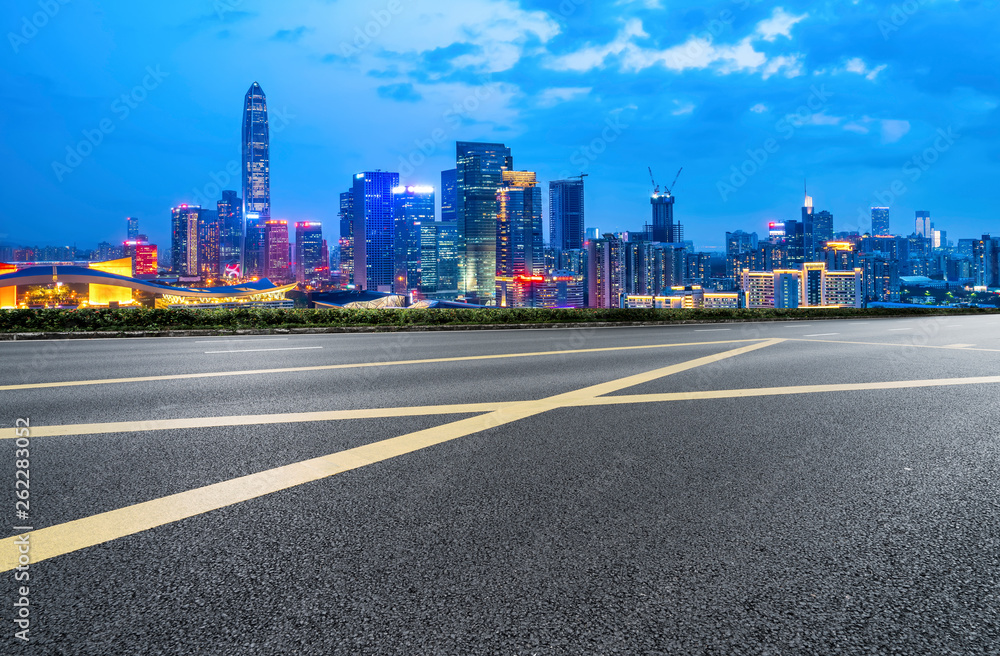 Road and skyline of urban architecture..