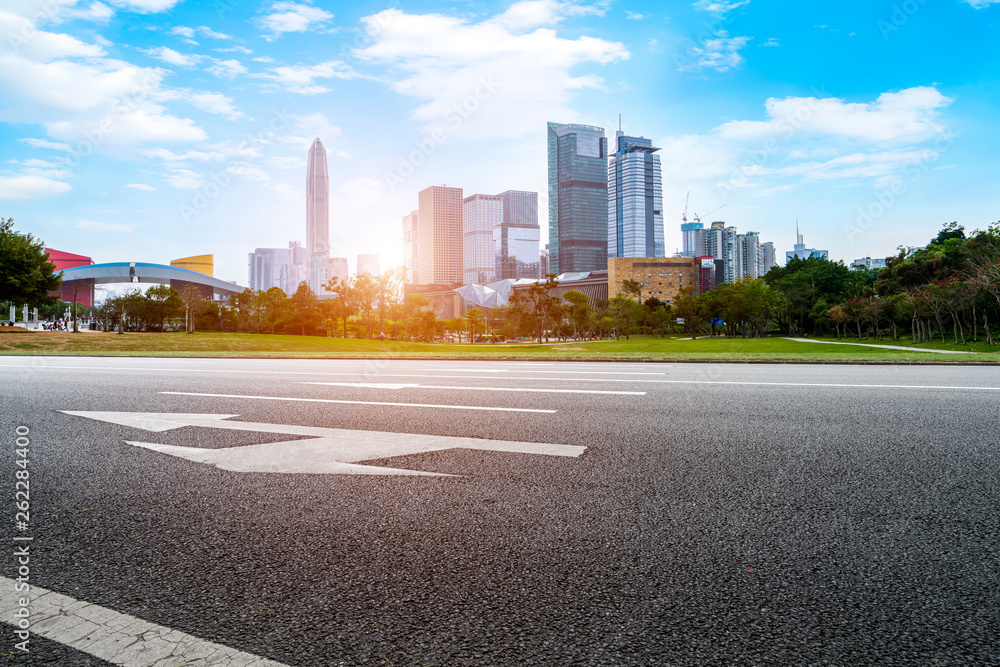 Road and skyline of urban architecture..