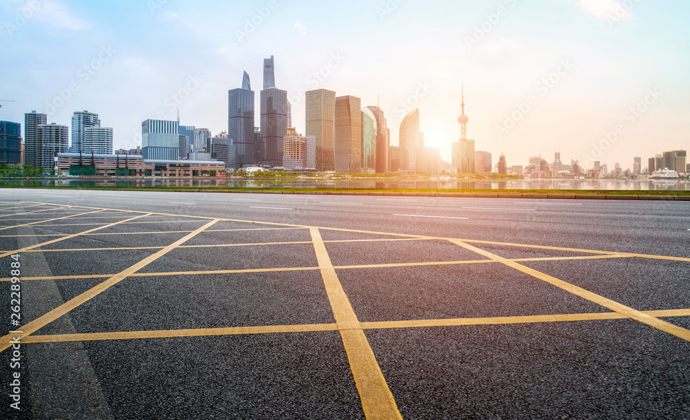 Empty Asphalt Road Through Modern City of Shanghai, China..