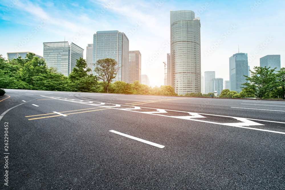 Road and skyline of urban architecture