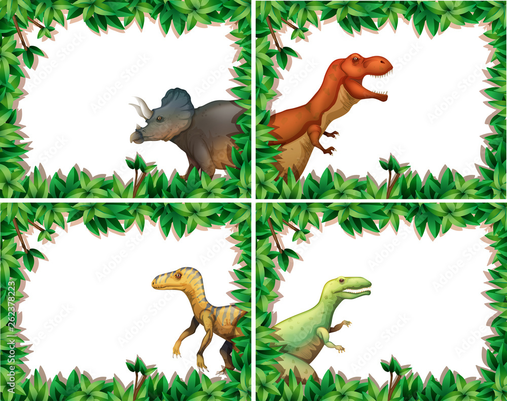 Set of dinosaur in nature frame