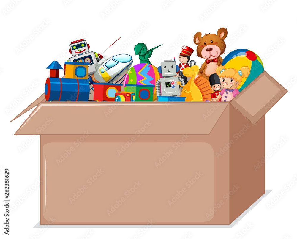 Toys in cardboard box