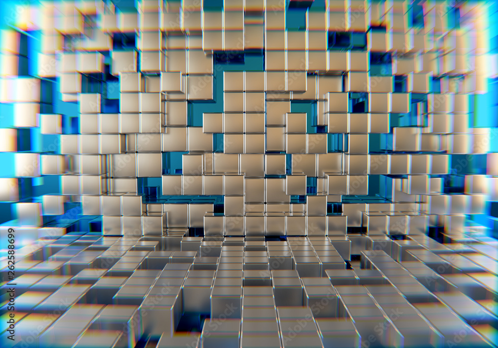 Silver squares extruded with blue background and distortion abstract style , 3d rendering