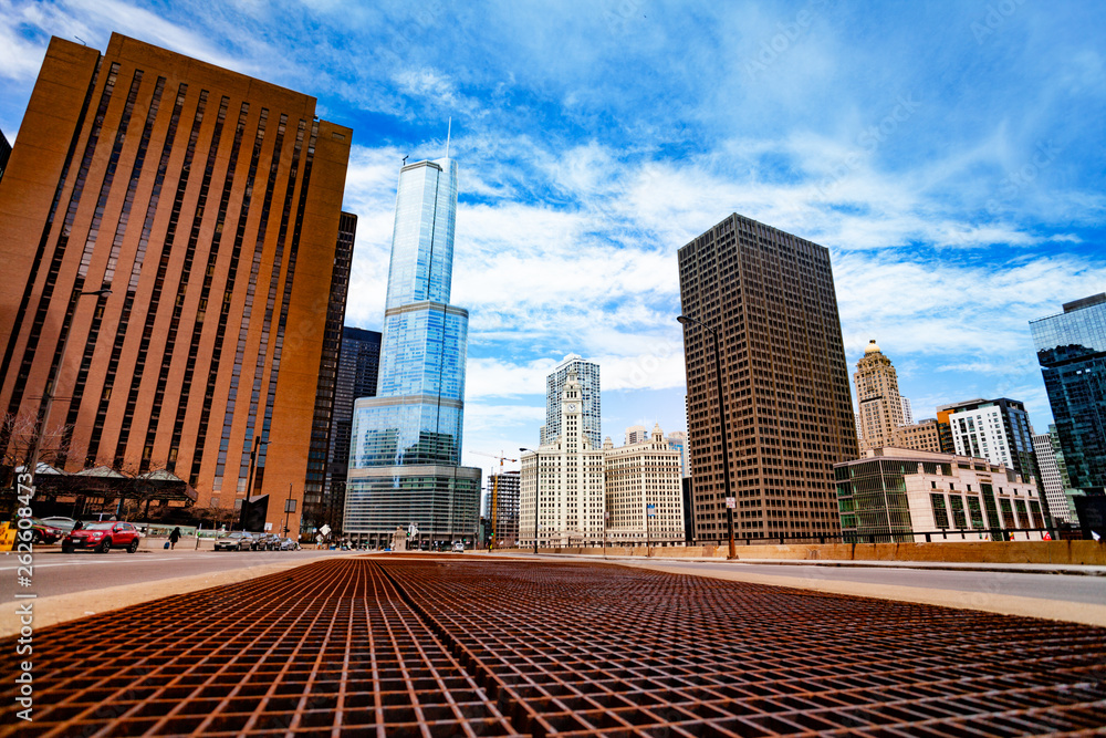 Street and metal grid in Chicago downtown, USA