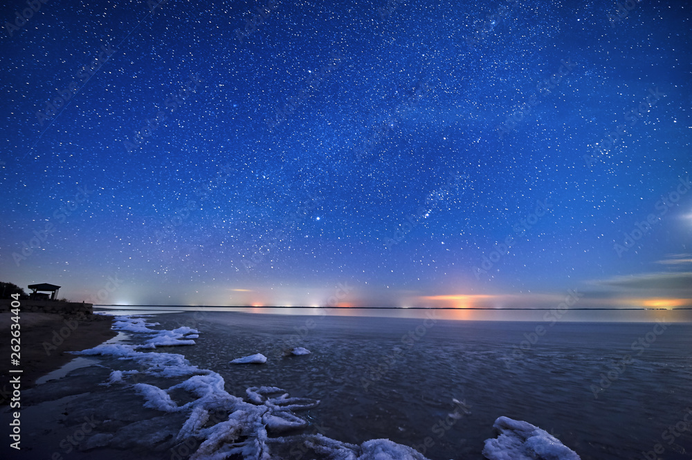 夜晚的星空和湖泊。