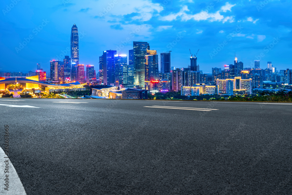 Road and skyline of urban architecture..