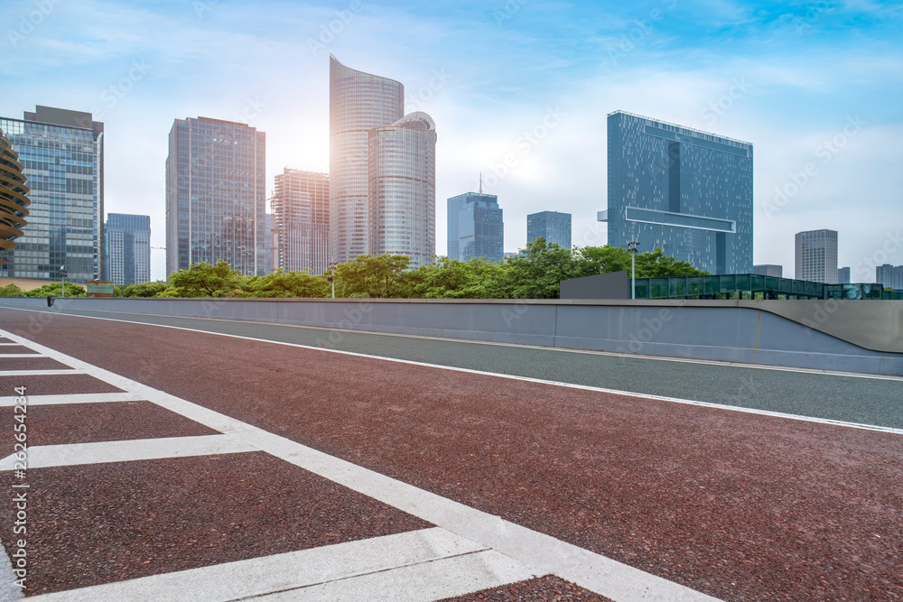 Road and skyline of urban architecture