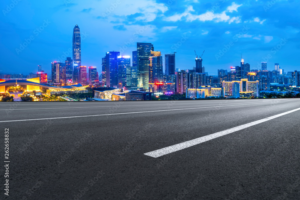 Road and skyline of urban architecture..