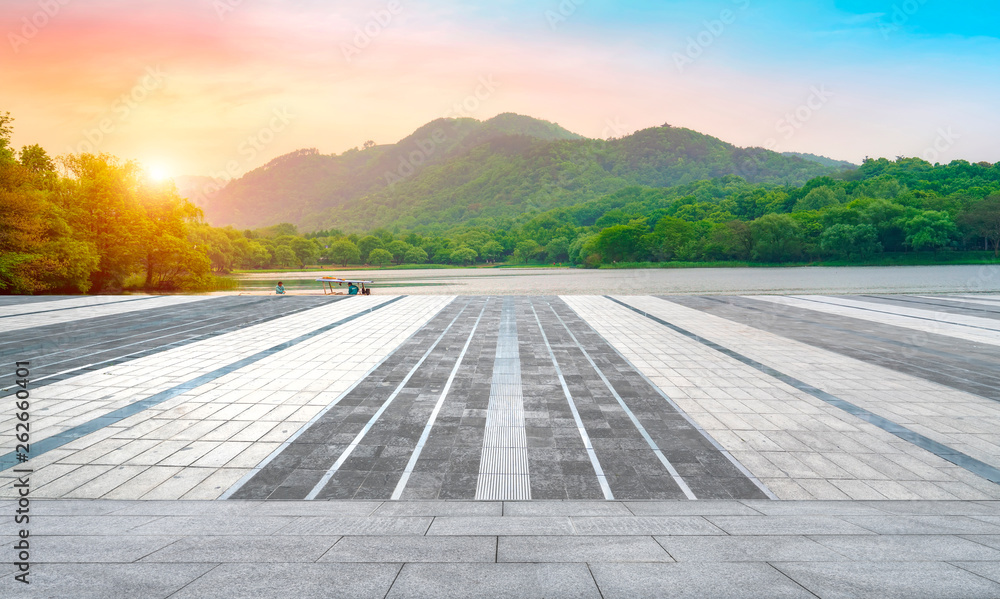 Empty Square Bricks and Natural Landscape Scenery..