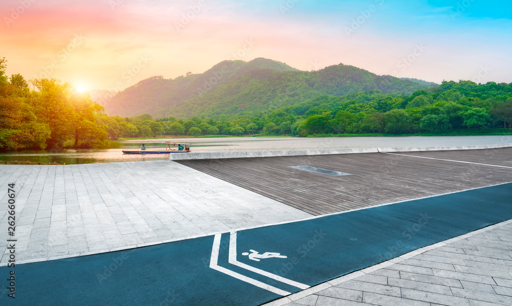 Empty Square Bricks and Natural Landscape Scenery..