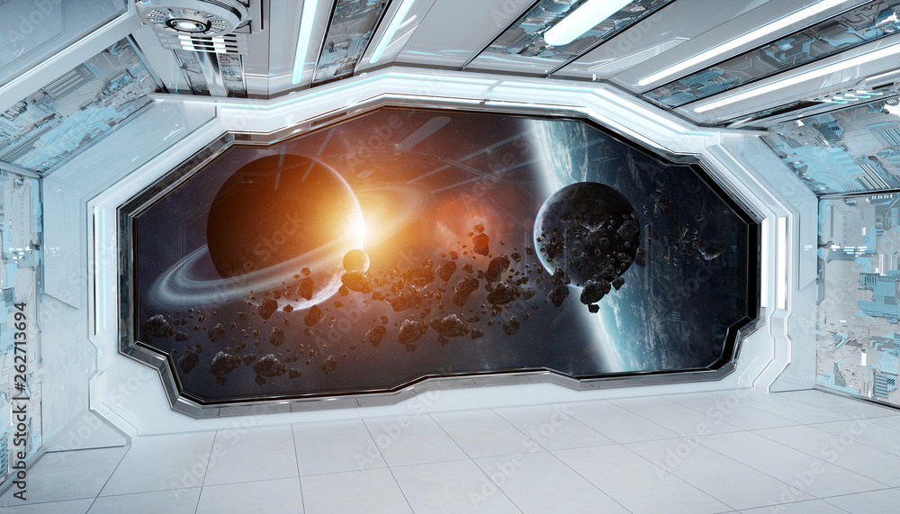 White blue spaceship futuristic interior with window view on space and planets 3d rendering