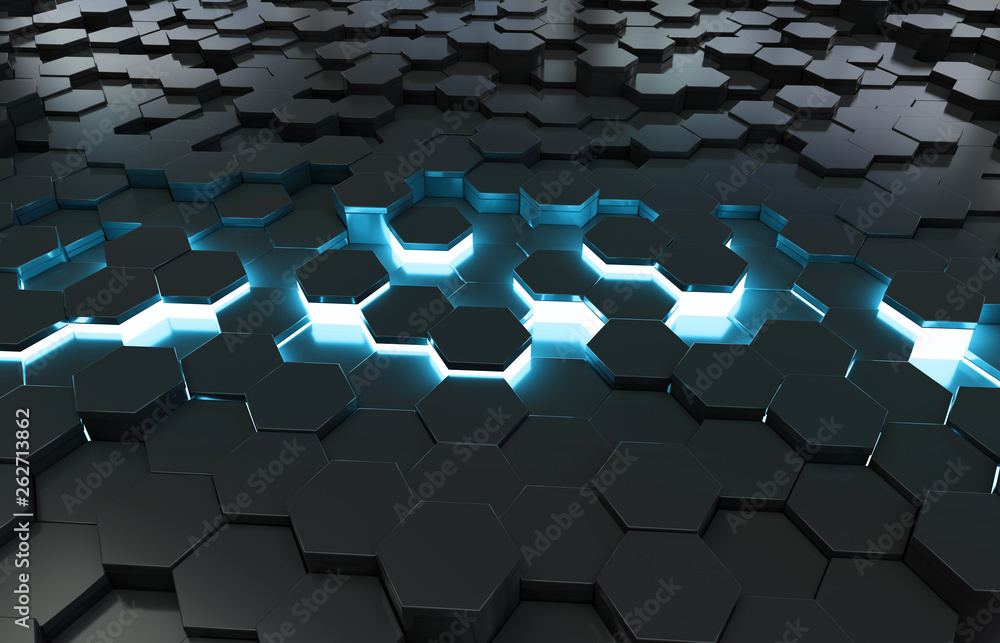 Glowing black blue hexagons background pattern on metal surface 3D rendering