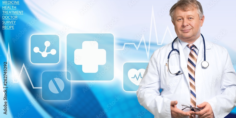 Smiling medical doctor with stethoscope. Isolated over  background