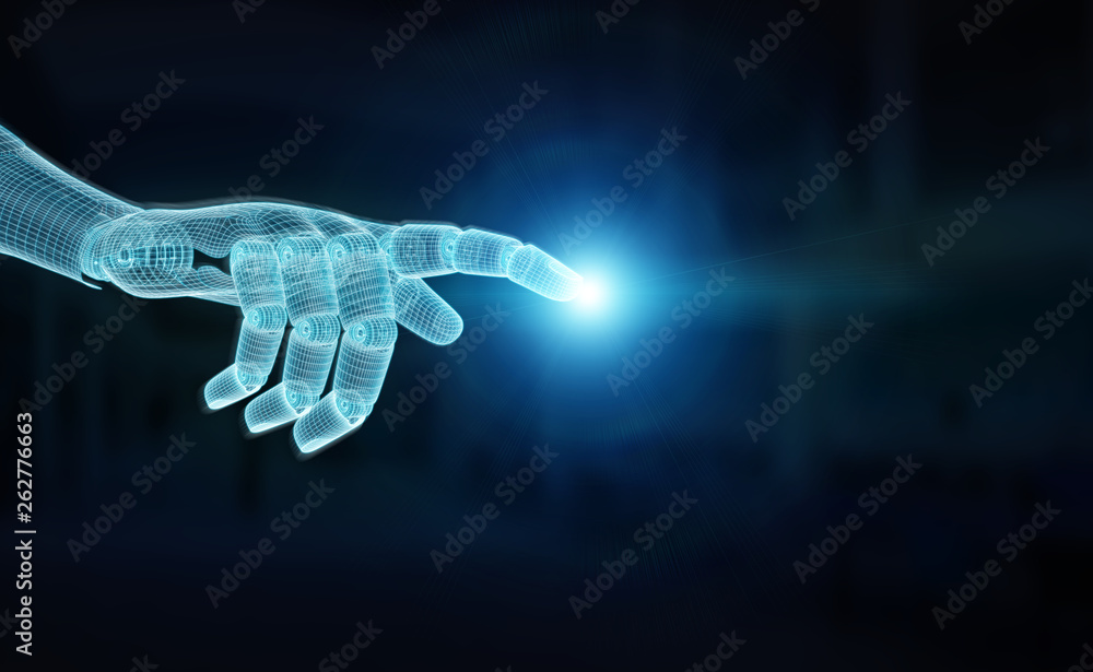 Wireframed blue robot hand pointing finger on dark 3D rendering