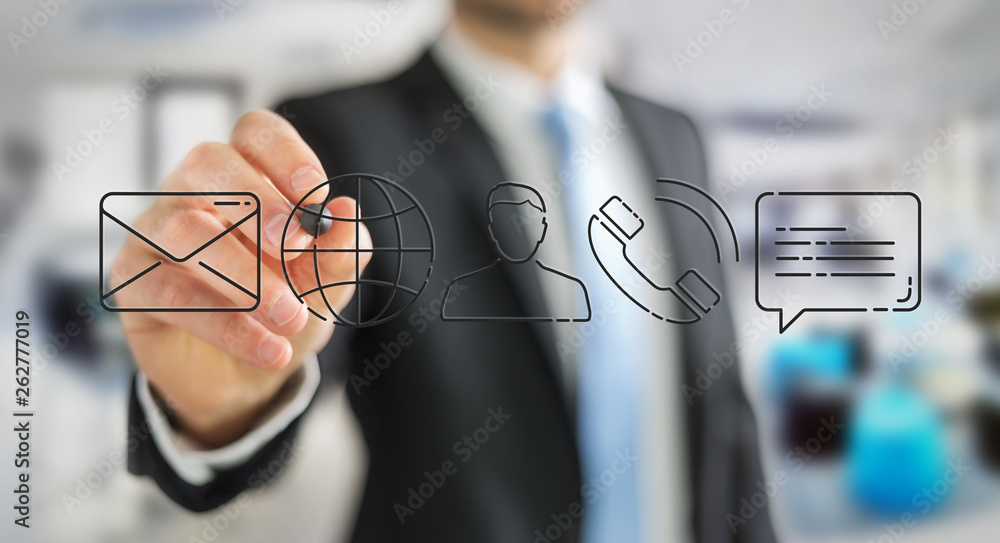 Businessman drawing thin line contact icon