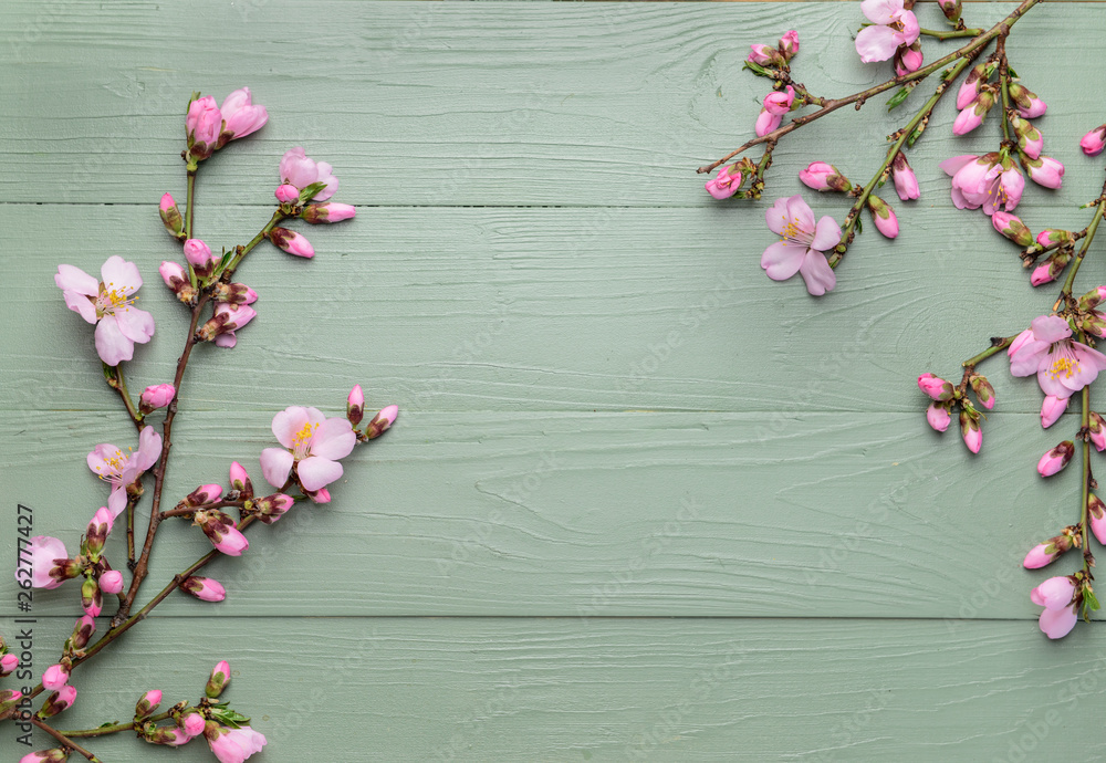 Beautiful blossoming branches on wooden background