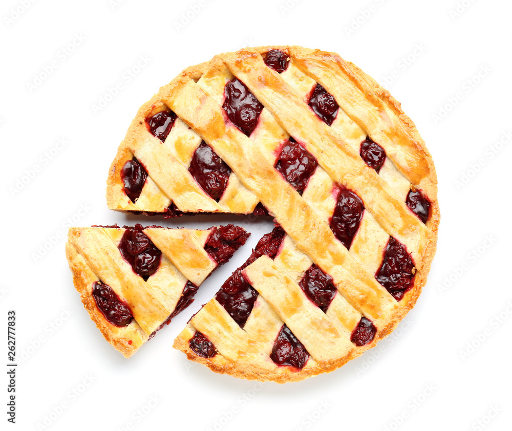 Tasty cherry pie on white background